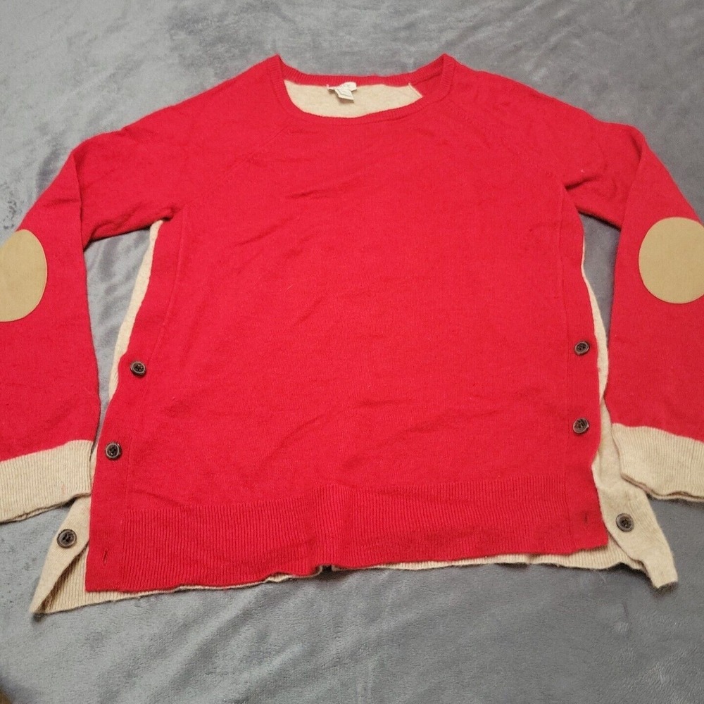 JCrew Sweater Women Medium Red Cream Wool Button Side Shirt High Low Elbow Patch